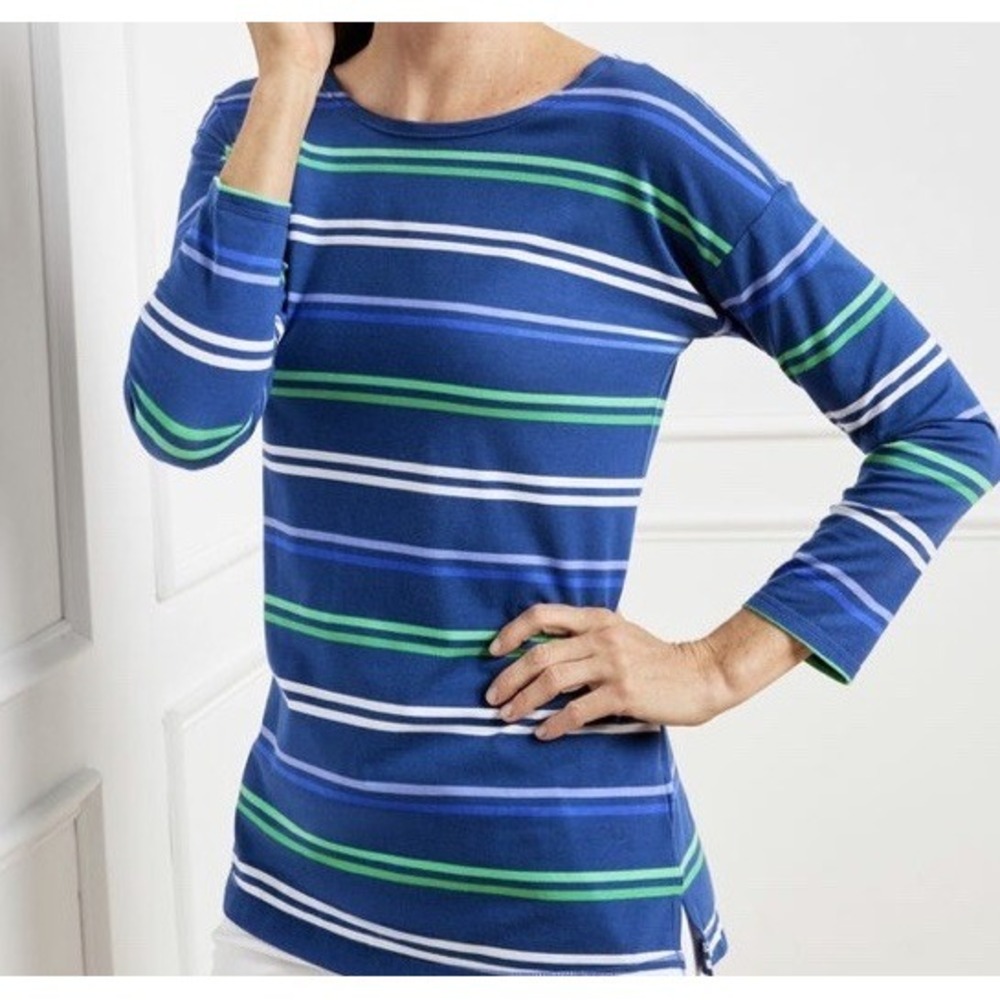 Talbots Cross Back Tunic Navy and Green Striped 3/4 Sleeve Shirt Size Med New!